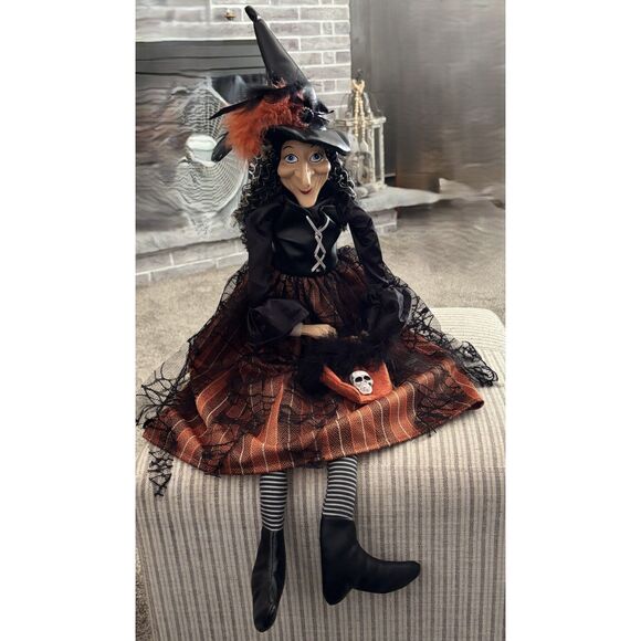 Fall Halloween Fabric Porcelain Face & Hands/ Poseable 33"H Friendly Witch - Picture 1 of 9